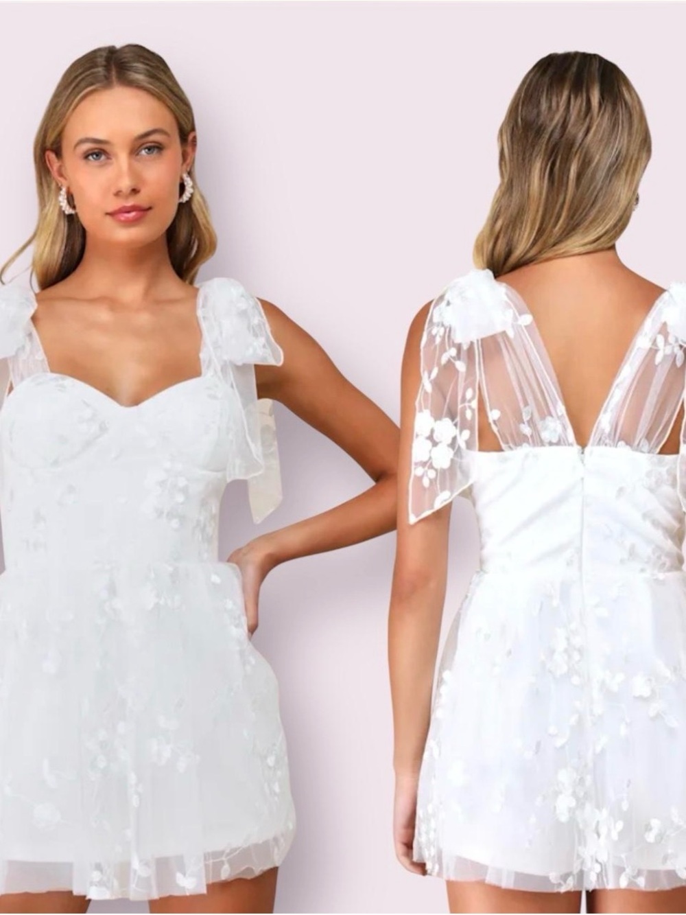 Lulu's White 3D Floral Mesh Mini Dress with Shoulder Bows